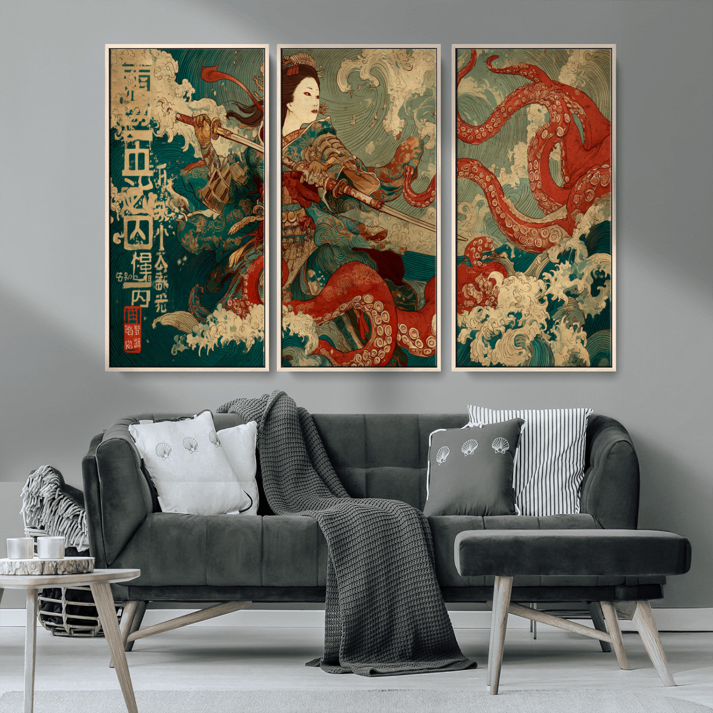 60201267-MGV-CV-36X24-Samurai Woman vs Octopus Wall Art – Japanese Ukiyo-e Armor Canvas Print, Red Tentacle Ocean Battle Artwork for Living Room,