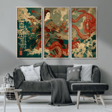60201267-MGV-CV-36X24-Samurai Woman vs Octopus Wall Art – Japanese Ukiyo-e Armor Canvas Print, Red Tentacle Ocean Battle Artwork for Living Room,