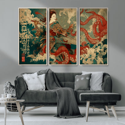 60201267-MGV-CV-36X24-Samurai Woman vs Octopus Wall Art – Japanese Ukiyo-e Armor Canvas Print, Red Tentacle Ocean Battle Artwork for Living Room,