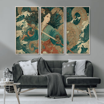 79740258-MGV-CV-36X24-Tsukioka Yoshitoshi Samurai Wall Art Print, Japanese Katana Warrior Canvas Wall Art, Octopus Sea Monster Canvas Print,