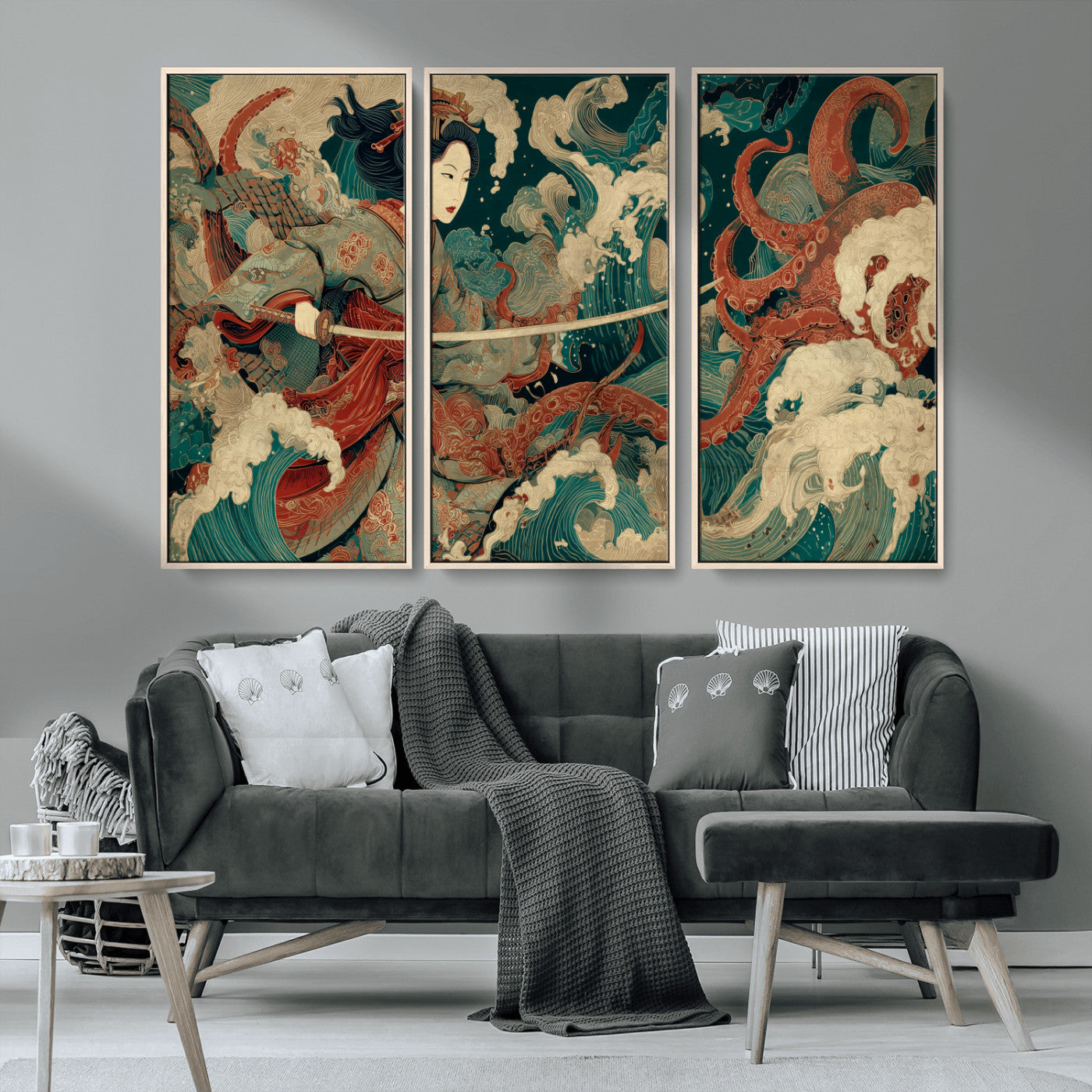 30212982-MGV-CV-36X24-Samurai Woman vs Octopus Wall Art – Japanese Ukiyo-e Style Warrior and Sea Monster Canvas Print, Mythology Inspired Artwork for