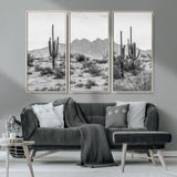 97436PHN-MGV-CV-36X24-Desert Landscape Wall Art – Black and White Cactus and Mountain Canvas Print, Southwestern Nature Photography for Living Room,