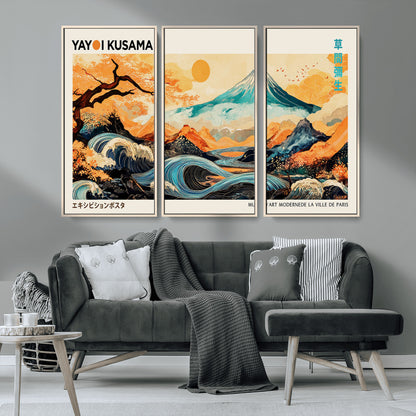 94085549-MGV-CV-36X24-Yayoi Kusama Inspired Japanese Landscape Art Print – Vibrant Mount Fuji, Waves & Autumn Trees, Modern Decorative Poster for
