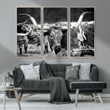 15425553-MGV-FC-48X32-3P_Natural-Western Wall Art – Longhorn Cattle Black and White Canvas Print, Rustic Ranch Photography Decor for Bedroom, Living Room, Office,