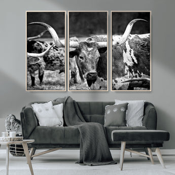15425553-MGV-FC-48X32-3P_Natural-Western Wall Art – Longhorn Cattle Black and White Canvas Print, Rustic Ranch Photography Decor for Bedroom, Living Room, Office,