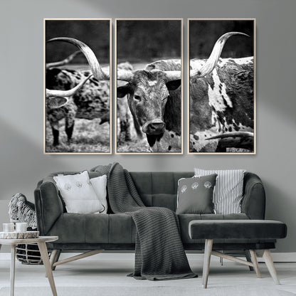 15425553-MGV-FC-48X32-3P_Natural-Western Wall Art – Longhorn Cattle Black and White Canvas Print, Rustic Ranch Photography Decor for Bedroom, Living Room, Office,
