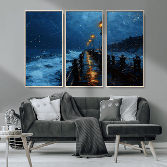 48300530-MGV-CV-36X24-Night Pier Wall Art – Moody Ocean Boardwalk Canvas Print, Impressionist Coastal Seascape Painting Decor for Living Room, Office,