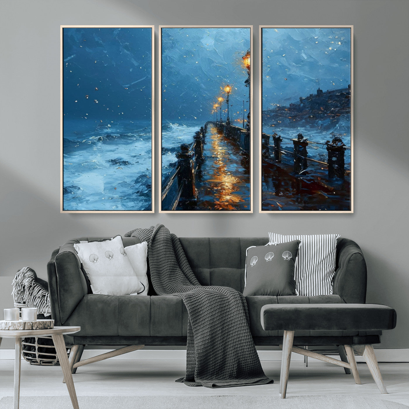 93793246-MGV-CV-36X24-Stormy Night Pier Canvas Wall Art – Moody Ocean Landscape with Lights, Blue Coastal Seascape Print for Bedroom, Living Room,