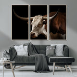 27414857-MGV-CV-36X24-Texas Longhorn Bull Canvas Wall Art – Rustic Western Farmhouse Decor, Brown & White Cow Portrait, Animal Print for Ranch Home
