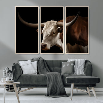 27414857-MGV-CV-36X24-Texas Longhorn Bull Canvas Wall Art – Rustic Western Farmhouse Decor, Brown & White Cow Portrait, Animal Print for Ranch Home