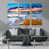 24077769-MGV-FC-48X32-3P_Natural-Sunset Beach Wall Art – Ocean Waves Canvas Print, Golden Shoreline Photography Coastal Decor for Living Room, Bedroom, Office,