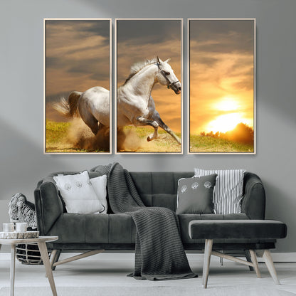 67478480-MGV-CV-36X24-White Horse Running at Sunset Wall Art – Majestic Equestrian Photography Print, Rustic Farmhouse Decor, Golden Sky Horse Lover
