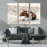 89096667-MGV-FC-48X32-3P_Natural-Texas Longhorn Wall Art – Rustic Western Canvas Print, Cattle Photography Decor for Ranch House, Living Room, Office, Man Cave
