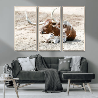 89096667-MGV-FC-48X32-3P_Natural-Texas Longhorn Wall Art – Rustic Western Canvas Print, Cattle Photography Decor for Ranch House, Living Room, Office, Man Cave