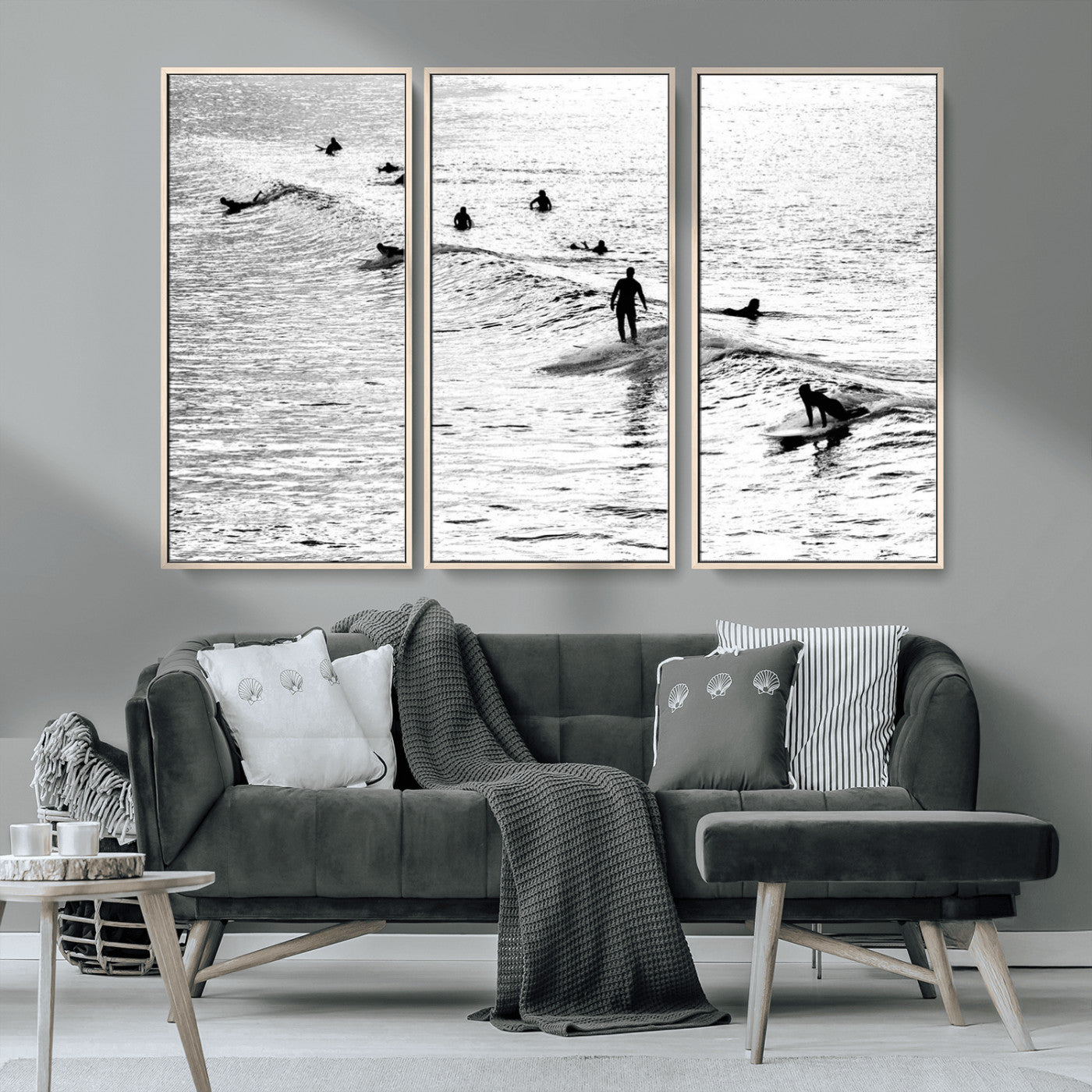 68018616-MGV-CV-36X24-Black and White Surf Photography Print – Minimalist Ocean Wall Art, Surfers Riding Waves, Coastal Beach Decor for Modern Home or