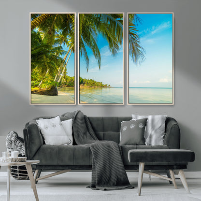 65056721-MGV-CV-36X24-Tropical Beach Wall Art – Palm Tree Coastal Photography Print, Relaxing Ocean Paradise Landscape, Island Seascape Home or Office