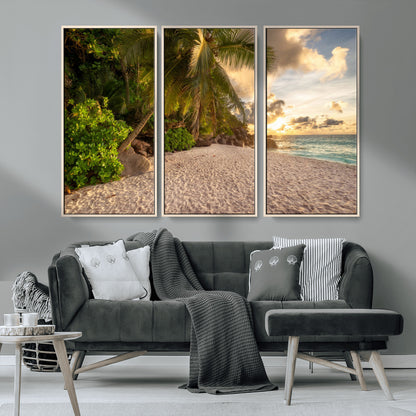 89531159-MGV-CV-36X24-Tropical Beach Sunset Canvas Wall Art – Palm Trees Golden Sand Ocean Waves Coastal Paradise Print for Beach House Bedroom Bathroom