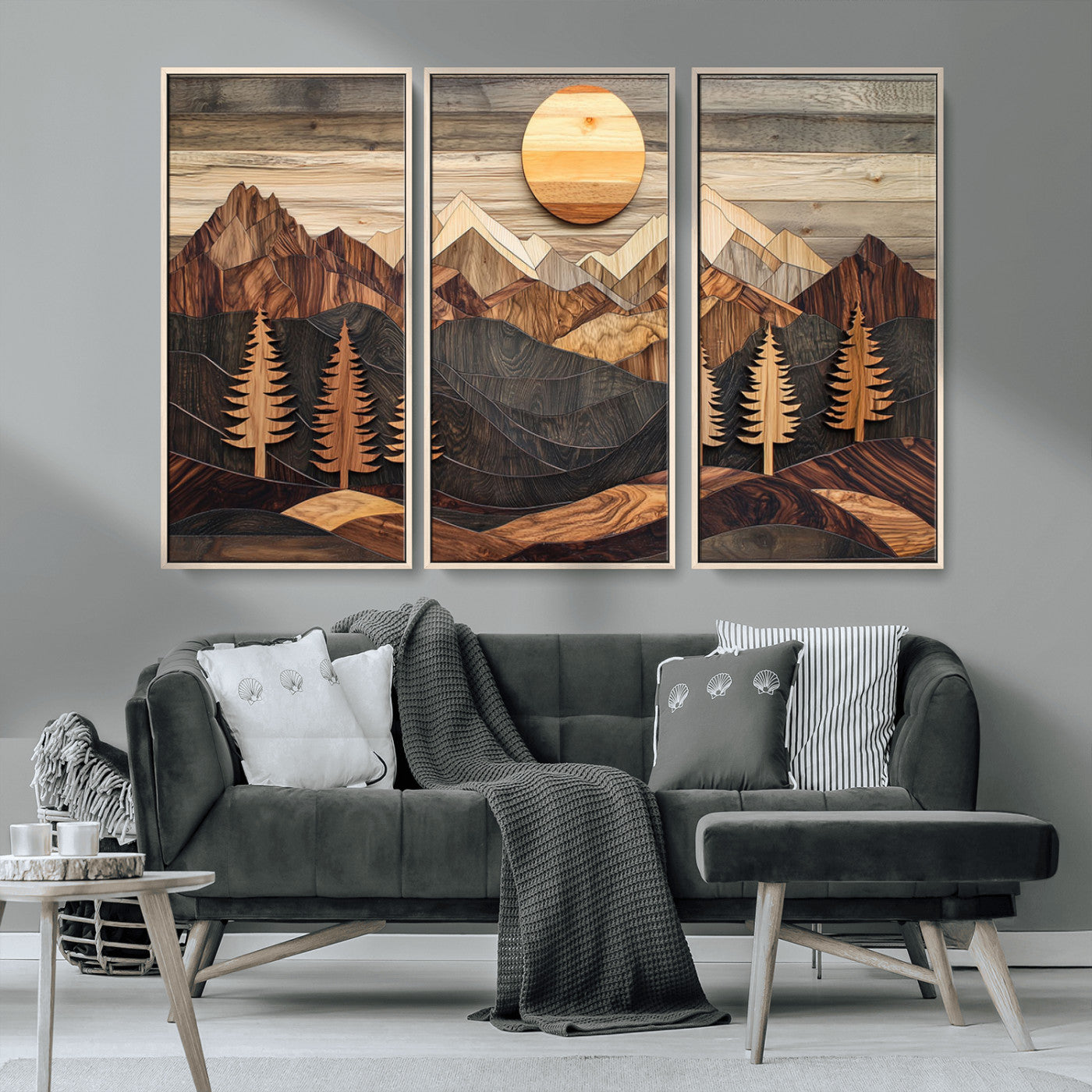 90044381-MGV-CV-36X24-Rustic Wall Art – Wooden Mountain Landscape with Sun and Pine Trees, Handcrafted Nature Canvas Style Decor for Bedroom, Living