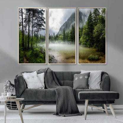 93123937-MGV-CV-36X24-Landscape Wall Art – Misty Mountain Lake Canvas Print, Tranquil Forest and Waterfall Photography Decor for Bedroom, Living Room,