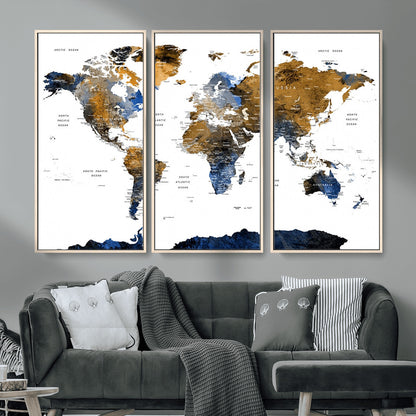 MGV-FC-48X32-3P - World Map Wall Art Canvas Print, Framed Blue Gold Map Art Picture Print, Rustic Atlas Perfect Rustic Modern Decor Artwork