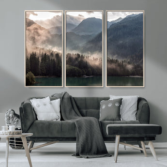 64758-MGV-CV-36X24-Misty Mountains Wall Art Canvas Print, Framed Moody Pines Art Picture Print, Forest Lake Perfect Moody Alpine Decor Artwork