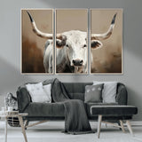 63550-MGV-CV-36X24-Texas Longhorn Wall Art Canvas Print, Framed White Bull Art Picture Print, Horned Cattle Perfect Rustic Western Decor Artwork