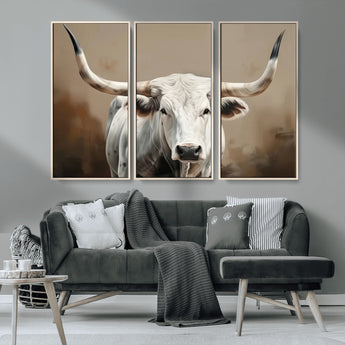 63550-MGV-CV-36X24-Texas Longhorn Wall Art Canvas Print, Framed White Bull Art Picture Print, Horned Cattle Perfect Rustic Western Decor Artwork