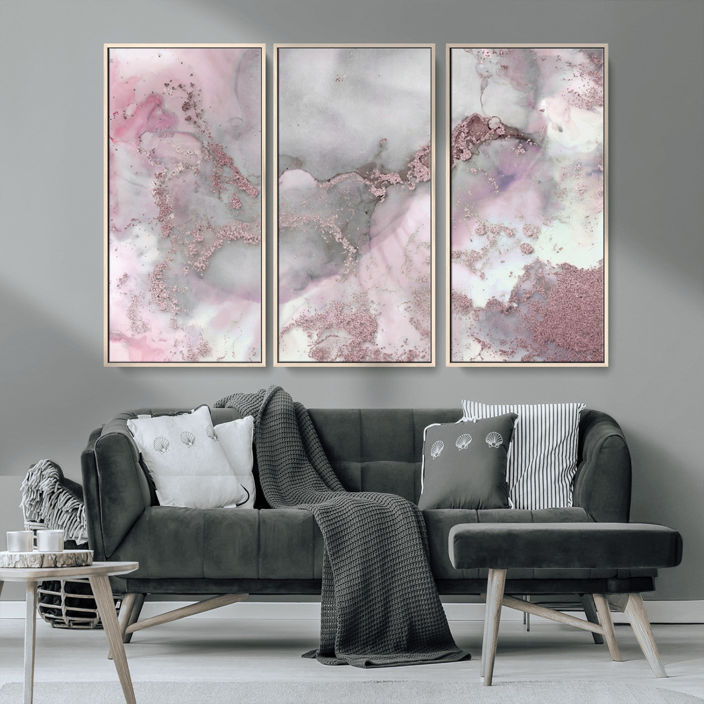 16416-MGV-CV-36X24-Blush Marble Wall Art Canvas Print, Framed Rose Gold Art Picture Print, Pink Cloudy Perfect Modern Glam Decor Artwork