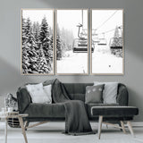 49274-MGV-CV-36X24-Snowy Forest Wall Art Canvas Print, Framed Ski Lift Art Picture Print, Mountain Snow Perfect Minimal Winter Lodge Decor Artwork