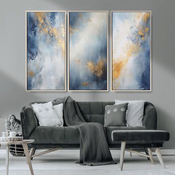 41836-MGV-CV-36X24-Abstract Gold Wall Art Canvas Print, Framed Blue Layers Art Picture Print, Elegant Cloud Perfect Elegant Minimalist Decor Artwork
