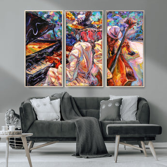13675-MGV-CV-36X24-Jazz Band Wall Art Canvas Print, Framed Jazz Oil Painting Art Picture Print, Vibrant Music Perfect Abstract Musical Decor Artwork
