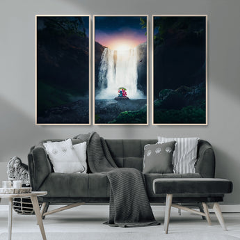 56359-MGV-FC-48X32-3P_Natural-Lilo Stitch Wall Art Canvas Print, Framed Stitch Angel Art Picture Print, Cartoon Waterfall Perfect Tropical Fantasy Decor Artwork