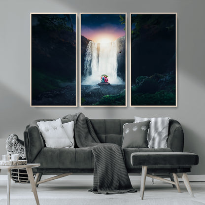 56359-MGV-FC-48X32-3P_Natural-Lilo Stitch Wall Art Canvas Print, Framed Stitch Angel Art Picture Print, Cartoon Waterfall Perfect Tropical Fantasy Decor Artwork