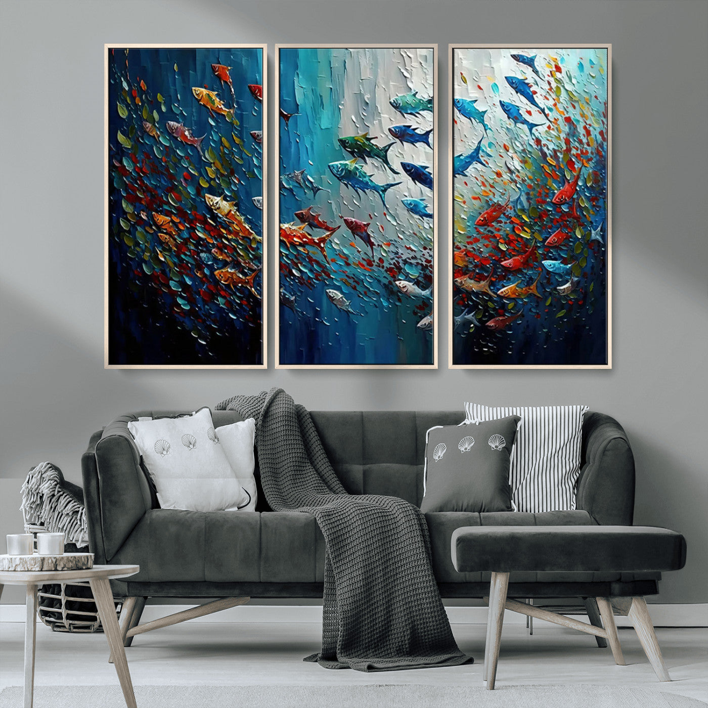 89626-MGV-CV-36X24-Fish Swarm Wall Art Canvas Print, Framed Abstract Ocean Art Picture Print, Underwater Life Perfect Vibrant Coastal Decor Artwork