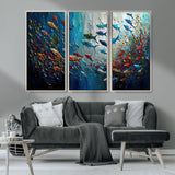 89626-MGV-CV-36X24-Fish Swarm Wall Art Canvas Print, Framed Abstract Ocean Art Picture Print, Underwater Life Perfect Vibrant Coastal Decor Artwork