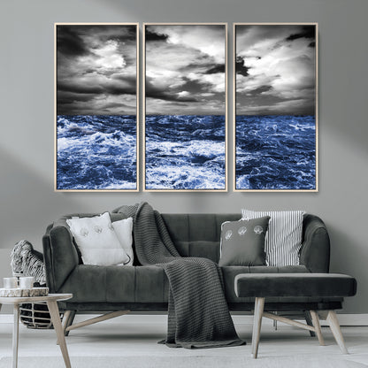 91043-MGV-CV-36X24-Stormy Ocean Wall Art Canvas Print, Framed Moody Seascape Art Picture Print, Monochrome Sea Perfect Coastal Drama Decor Artwork