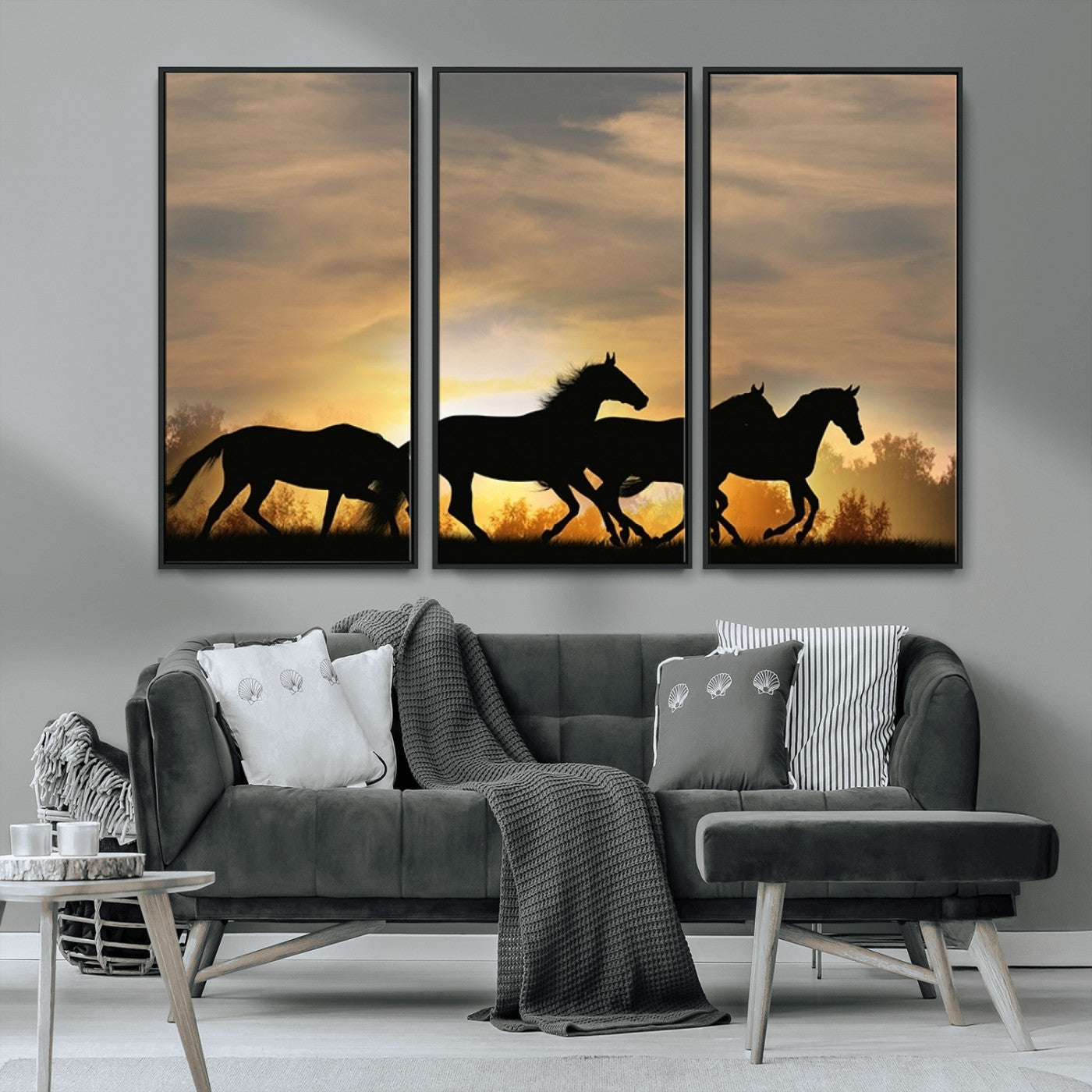 16620-MGV-CV-36X24-Sunset Stallions Wall Art – Silhouetted Horses Running Canvas Print, Nature’s Rhythm, Perfect for Living Room, Office, or Man Cave