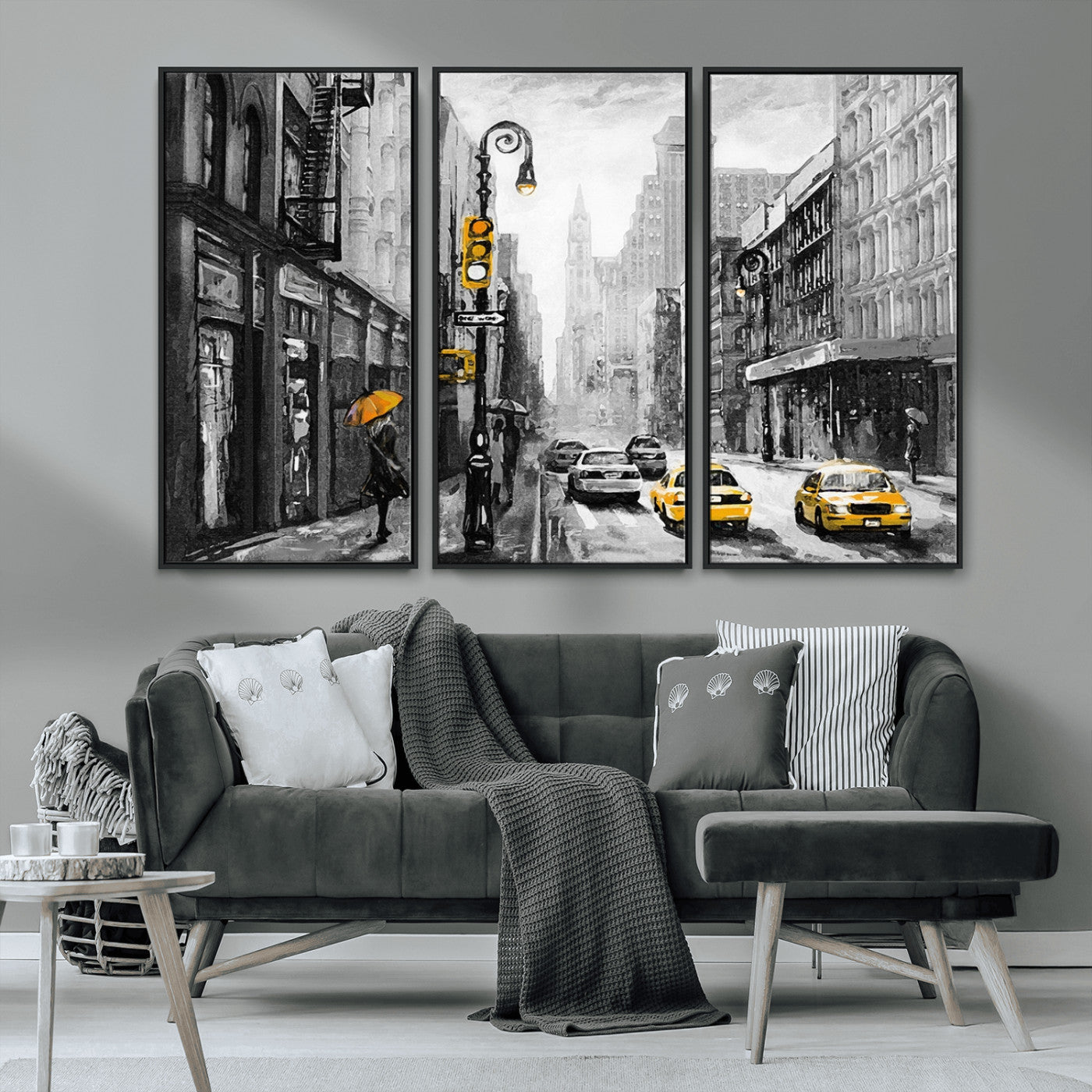 32362-MGV-FC-48X32-3P_Black-NYC Street Wall Art – Black and White Cityscape with Yellow Taxis and Umbrella Canvas Print, Urban Home Decor for Living Room or