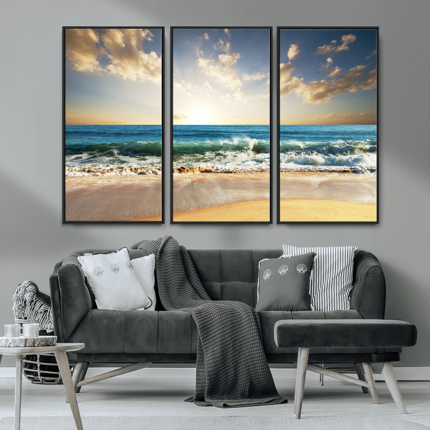 13139-MGV-CV-36X24-Sunrise Beach Wall Art – Ocean Waves and Golden Sand Canvas Print, Coastal Home Decor for Living Room, Bedroom, or Office