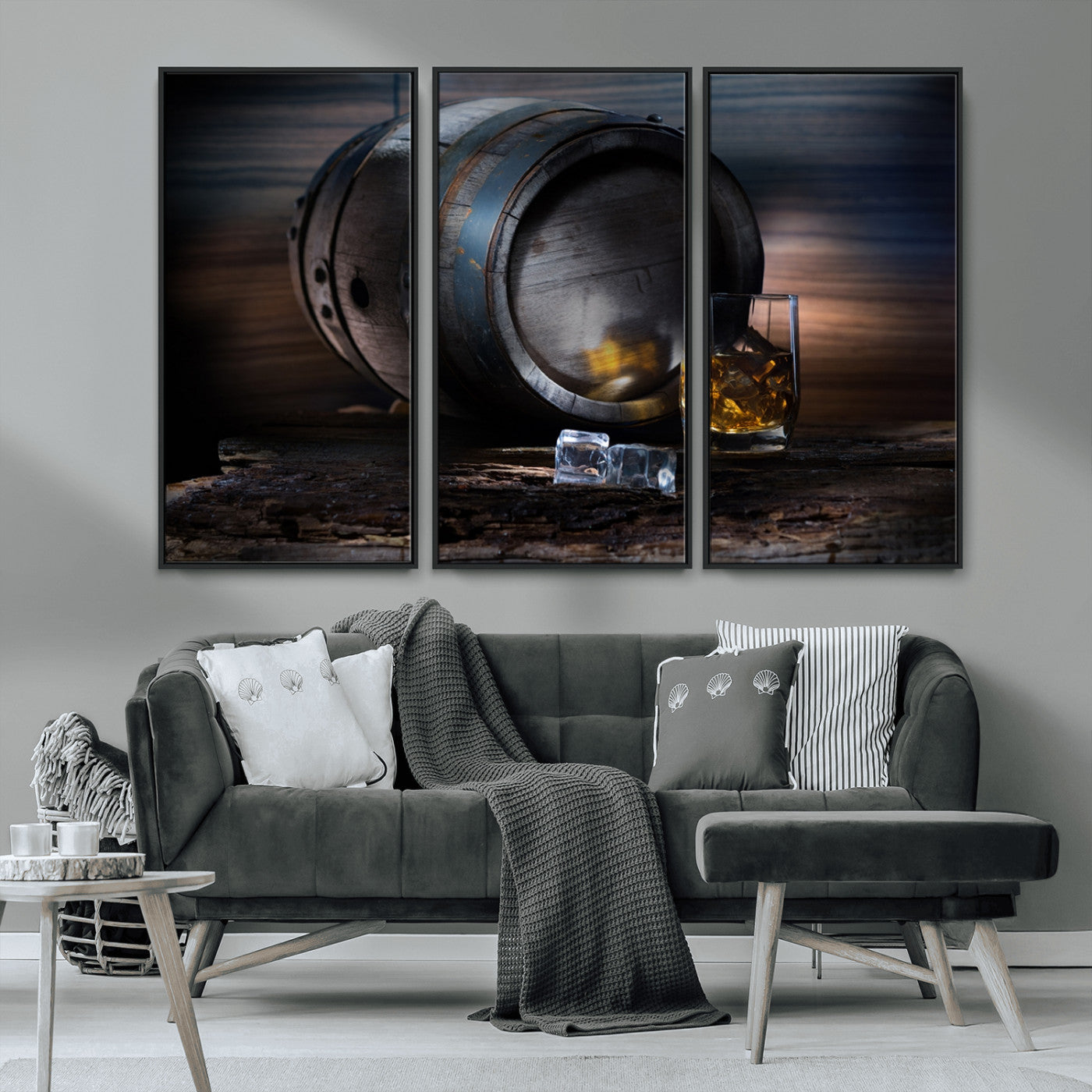 78049-MGV-CV-36X24-Whiskey Barrel Wall Art – Rustic Whiskey Barrel and Glass with Ice Canvas Print, Classic Bar or Lounge Decor for Home, Office, or