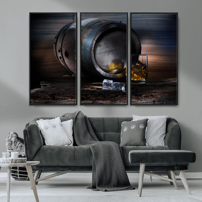 78049-MGV-CV-36X24-Whiskey Barrel Wall Art – Rustic Whiskey Barrel and Glass with Ice Canvas Print, Classic Bar or Lounge Decor for Home, Office, or
