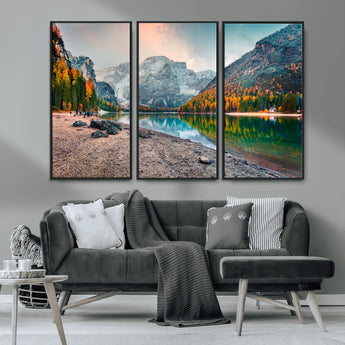 25982-MGV-CV-36X24-Autumn Mountain Lake Wall Art – Panoramic Fall Foliage and Snowy Peaks Canvas Print, Scenic Nature Decor for Living Room or Office