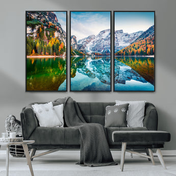 10402-MGV-CV-36X24-Snowy Mountain Lake Wall Art – Autumn Landscape Canvas Print with Reflection, Nature Decor for Living Room, Office, Bedroom or