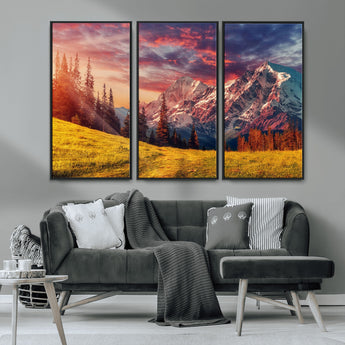 83947-MGV-CV-36X24-Sunset Mountain Landscape Wall Art – Panoramic Alpine Meadow and Snow Capped Peaks Canvas Print, Nature Scenic Decor for Home,