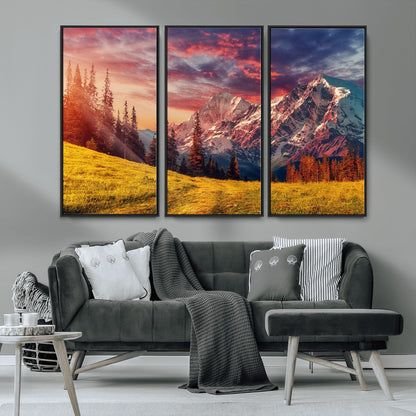 83947-MGV-CV-36X24-Sunset Mountain Landscape Wall Art – Panoramic Alpine Meadow and Snow Capped Peaks Canvas Print, Nature Scenic Decor for Home,