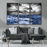 36012-MGV-CV-36X24-Dramatic Stormy Ocean Waves Black and White with Deep Blue Highlights – Moody Seascape Wall Art, Nature Photography Print for Home