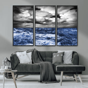 36012-MGV-CV-36X24-Dramatic Stormy Ocean Waves Black and White with Deep Blue Highlights – Moody Seascape Wall Art, Nature Photography Print for Home