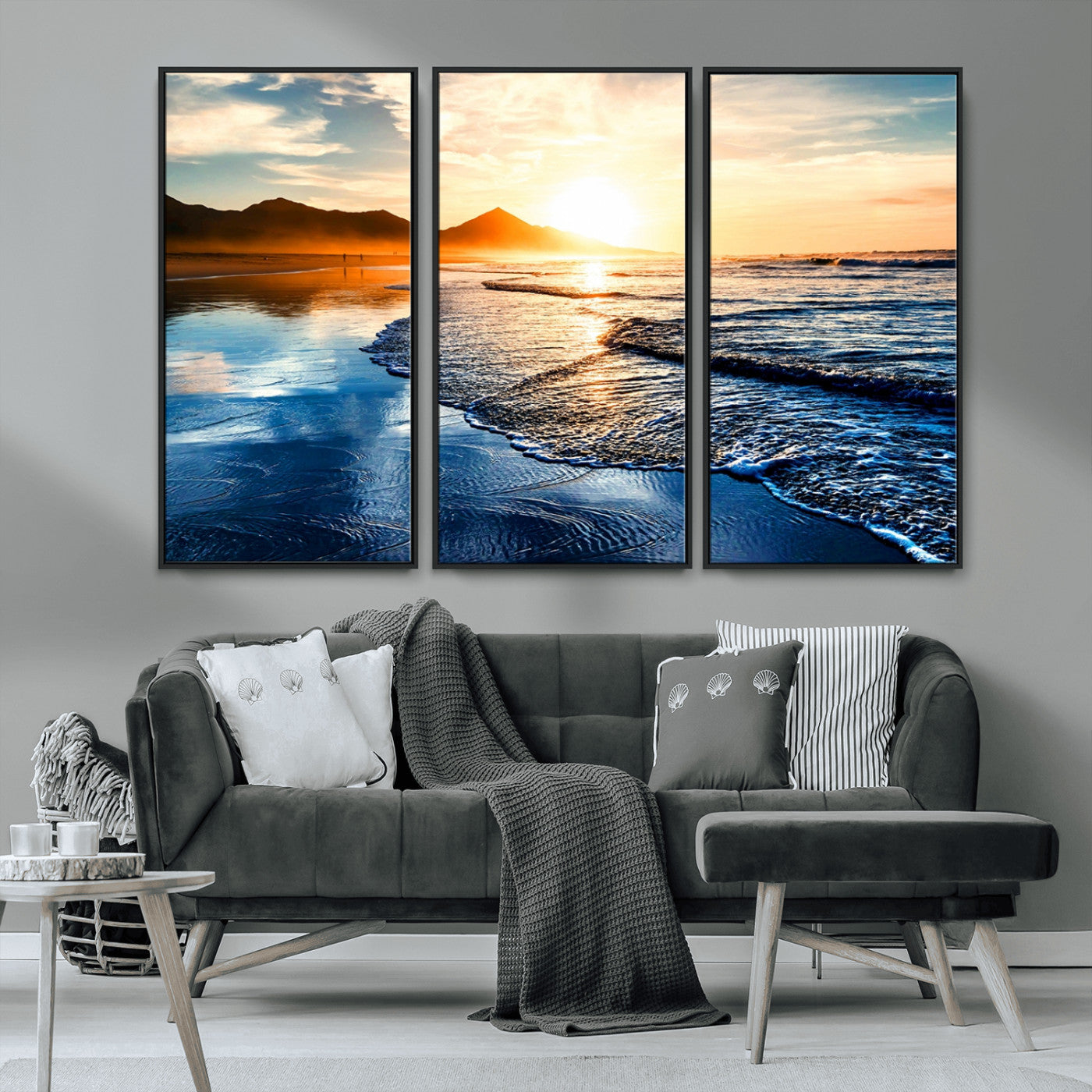 86173-MGV-CV-36X24-Golden Sunset Beach Wall Art – Reflective Ocean Canvas Print with Mountains and Waves, Coastal Nature Decor for Living Room,