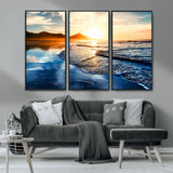 86173-MGV-CV-36X24-Golden Sunset Beach Wall Art – Reflective Ocean Canvas Print with Mountains and Waves, Coastal Nature Decor for Living Room,