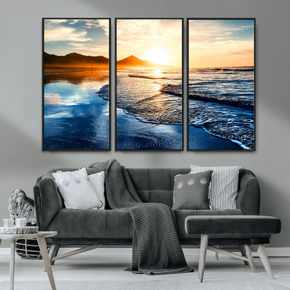 86173-MGV-CV-36X24-Golden Sunset Beach Wall Art – Reflective Ocean Canvas Print with Mountains and Waves, Coastal Nature Decor for Living Room,